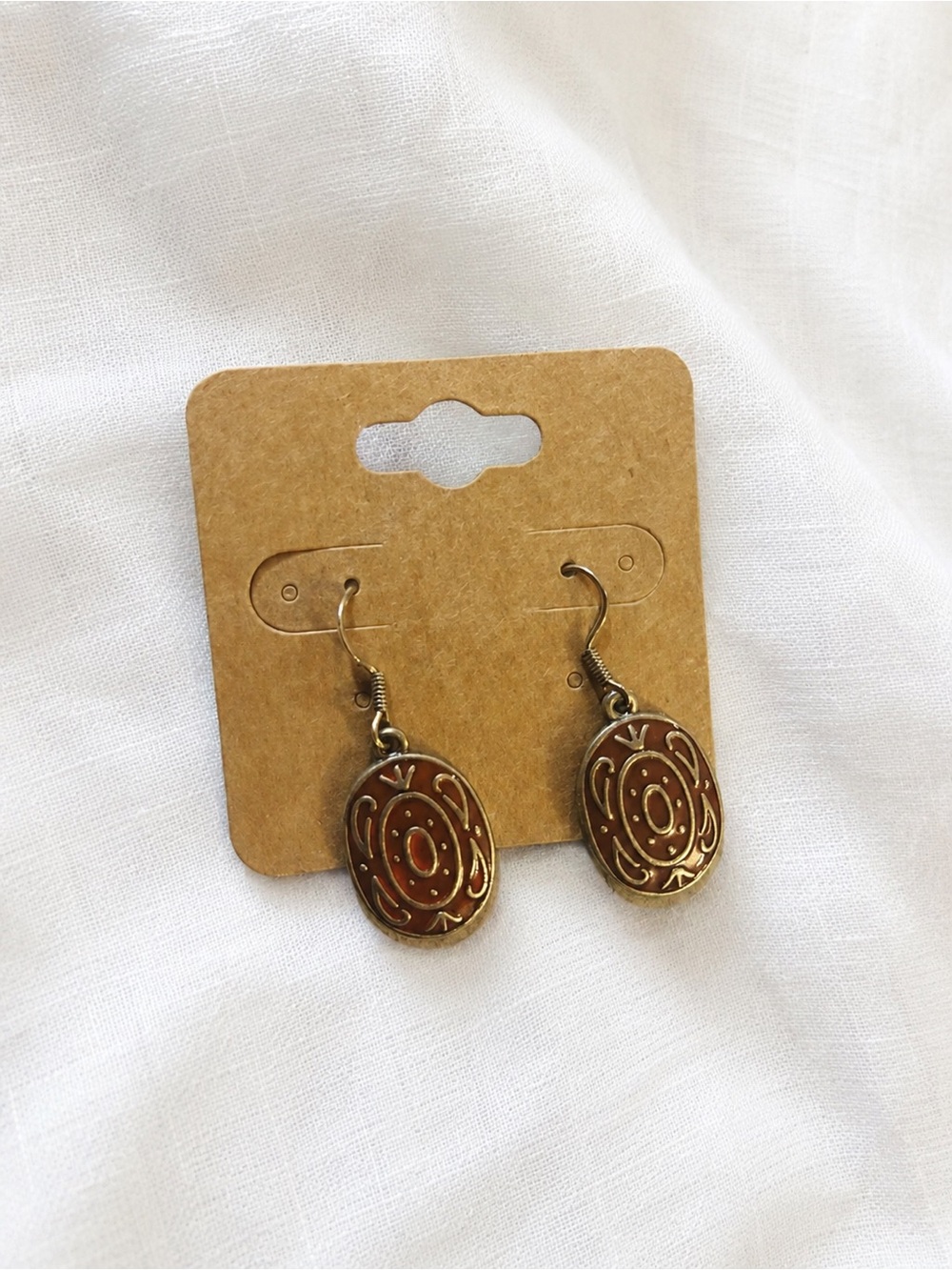Boho Bronze-Tone Red Enamel Oval Dangle Earrings